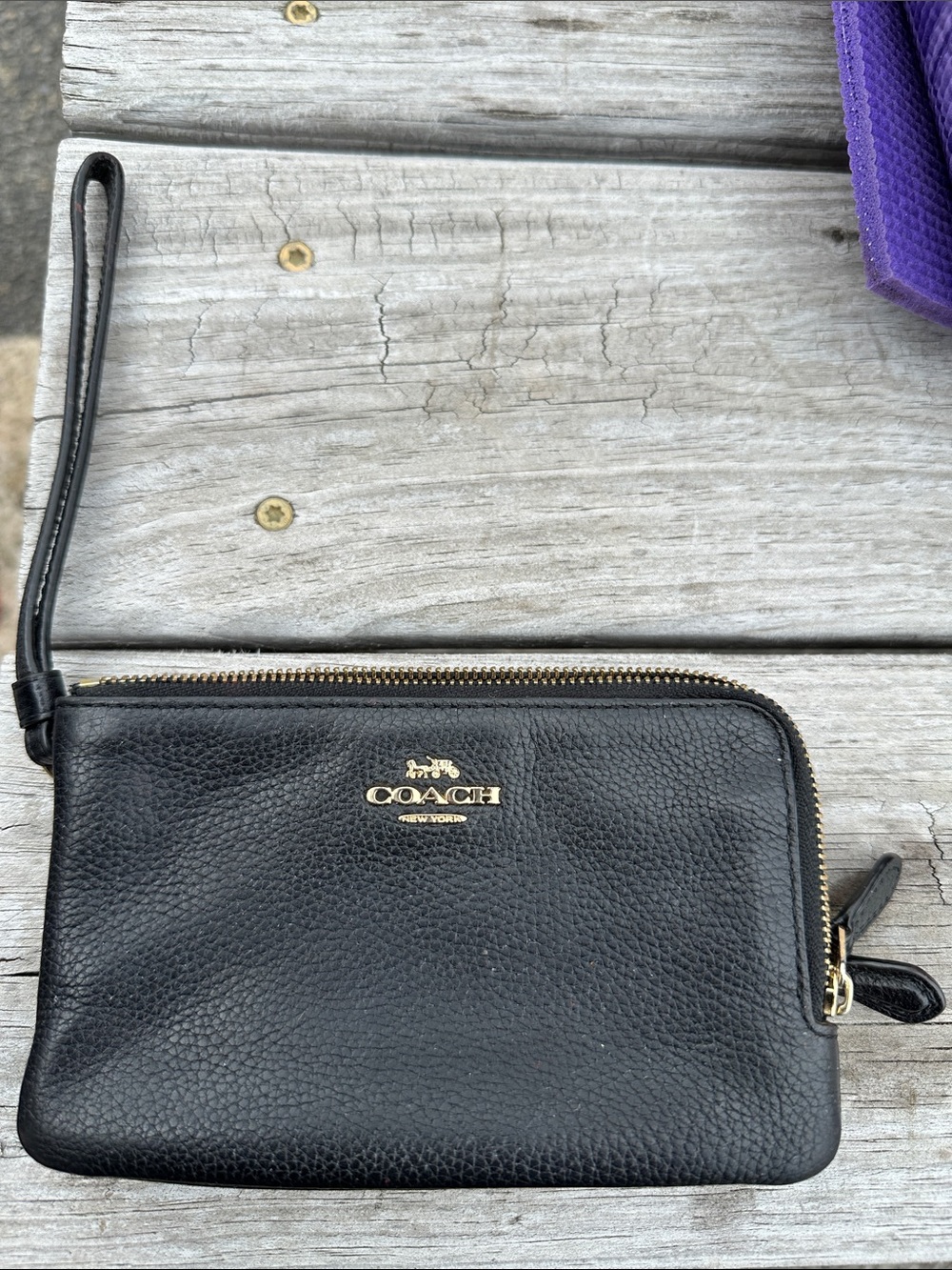 Coach Black Pebbled Leather Wristlet with Gold Hardware